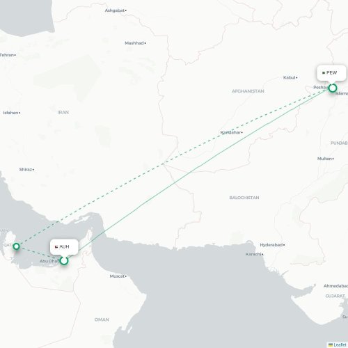 Mapa de vuelo directo Abu Dabi - Peshawar