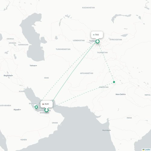 Mapa de vuelo directo Abu Dabi - Taskent
