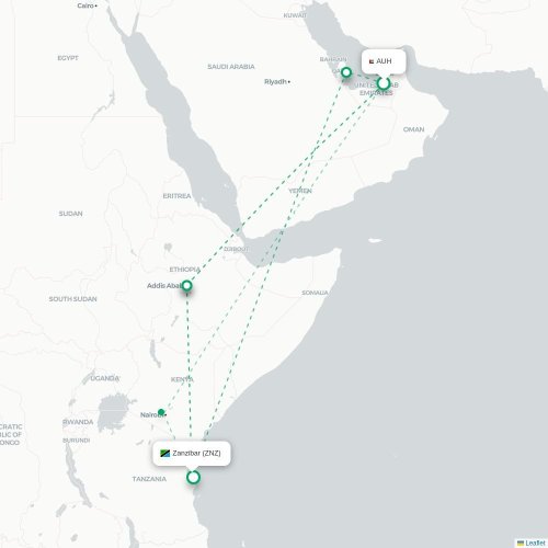 Mapa de vuelo directo Abu Dabi - Zanzíbar