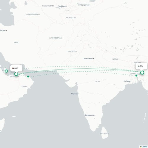 Abu Dhabi - Sylhet karta över direktflyg
