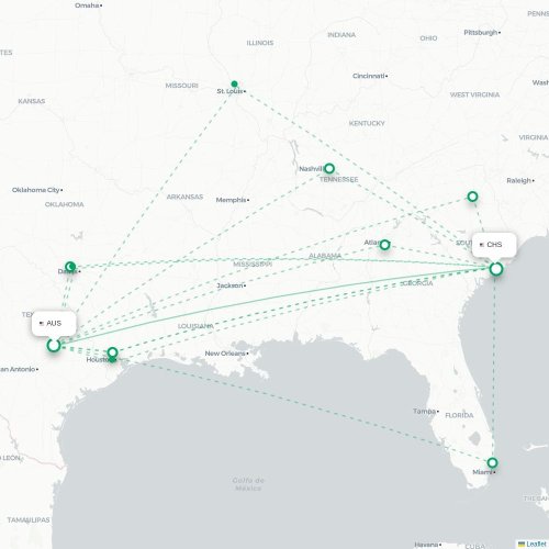 Mapa de vuelo directo Austin - Charleston