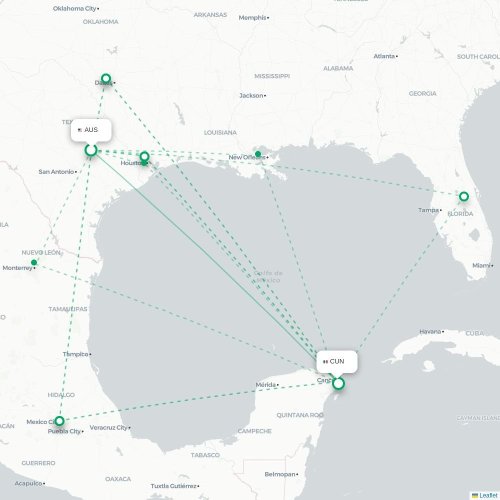 Mapa de vuelo directo Austin - Cancún