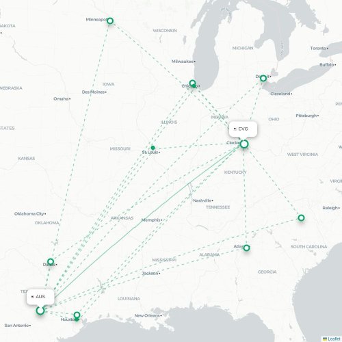 Mapa de vuelo directo Austin - Cincinnati