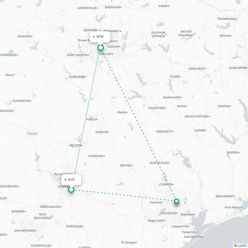 Mapa de vuelo directo Austin - Dallas