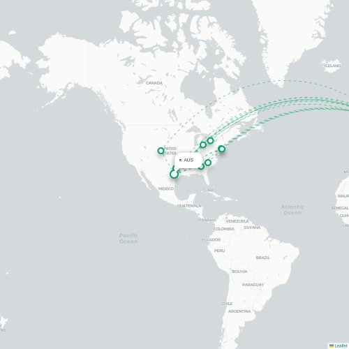 Mapa de vuelo directo Austin - Fráncfort