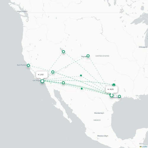 Mapa de vuelo directo Austin - Los Ángeles