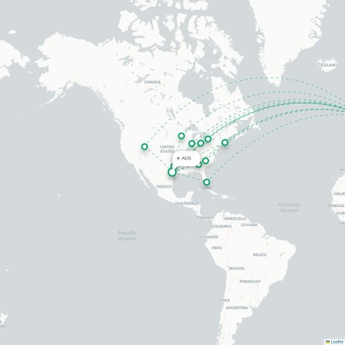 Mapa de vuelo directo Austin - Londres