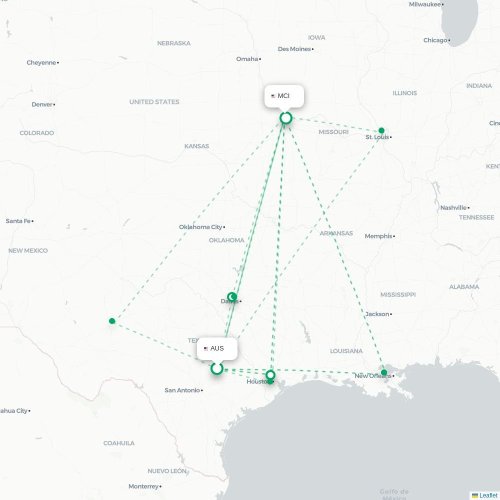 Mapa de vuelo directo Austin - Kansas City