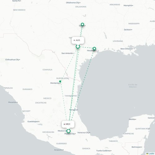 Mapa de vuelo directo Austin - Ciudad de México, D.F.