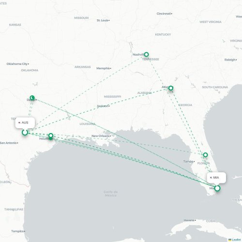 Mapa de vuelo directo Austin - Miami