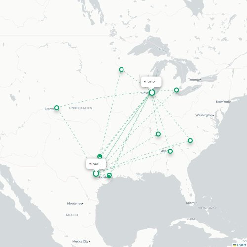 Mapa de vuelo directo Austin - Chicago