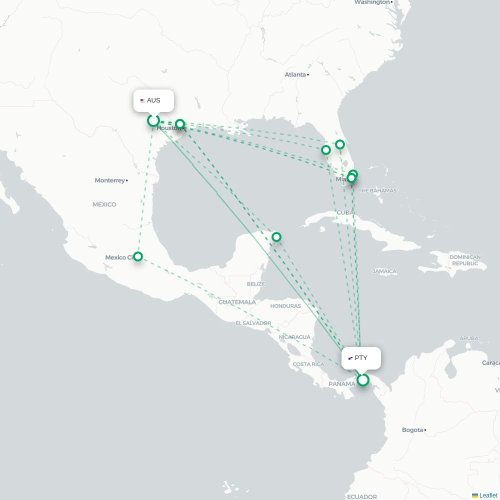 Mapa de vuelo directo Austin - Ciudad de Panamá
