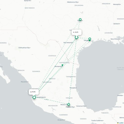 Mapa de vuelo directo Austin - Pto Vallarta