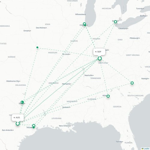 Mapa de vuelo directo Austin - Louisville