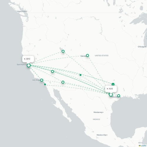 Mapa de vuelo directo Austin - San Francisco