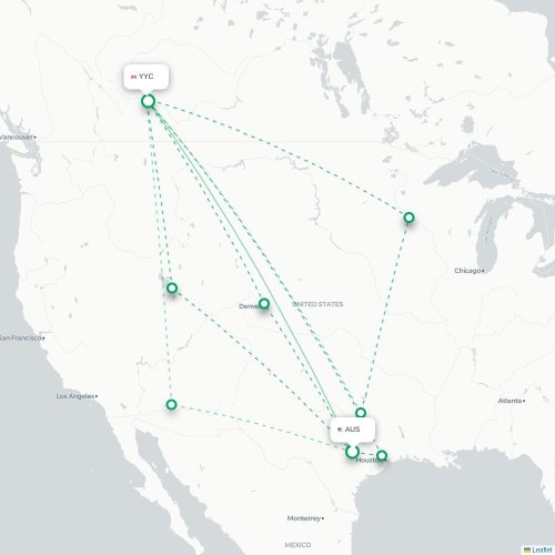 Mapa de vuelo directo Austin - Calgary