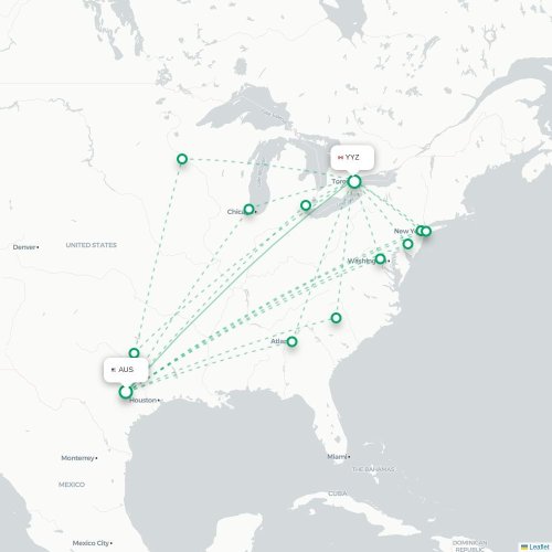 Mapa de vuelo directo Austin - Toronto