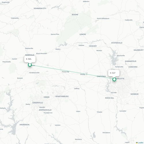 Mapa de vuelo directo Asheville - Charlotte
