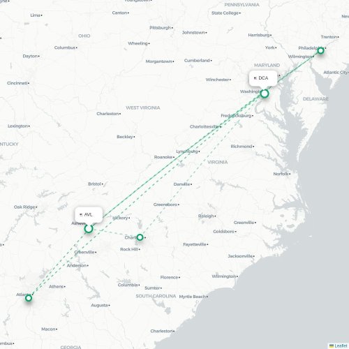 Asheville - Washington DC carte du vol direct