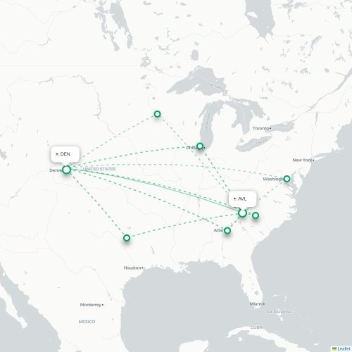 Mapa de vuelo directo Asheville - Denver