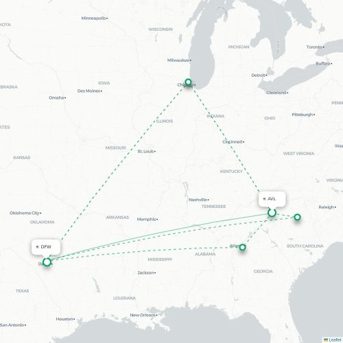 Asheville - Dallas carte du vol direct