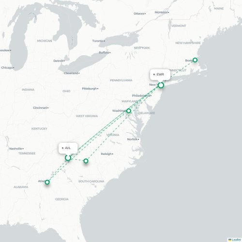 Mapa de vuelo directo Asheville - Newark