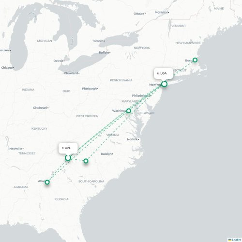 Mapa de vuelo directo Asheville - Nueva York