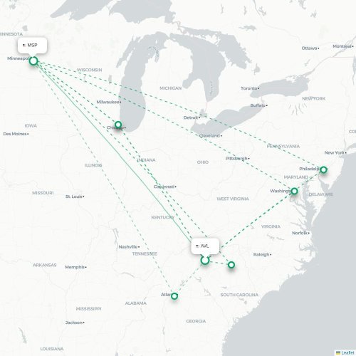 Mapa de vuelo directo Asheville - Mineápolis