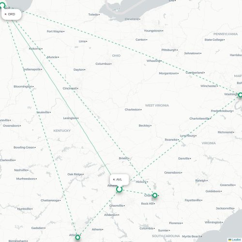 Mapa de vuelo directo Asheville - Chicago