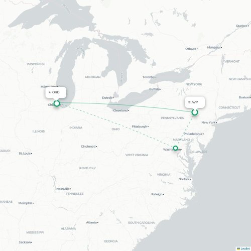 Mapa lotu bezpośredniego Scranton – Chicago