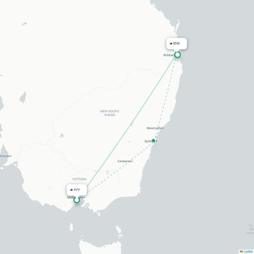 Melbourne - Brisbane kort over direkte fly
