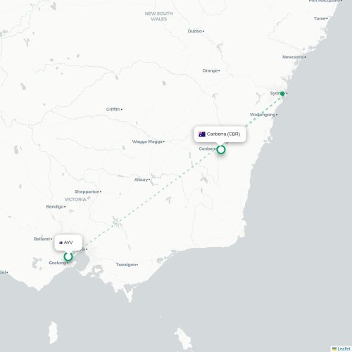 Melbourne - Canberra kort over direkte fly