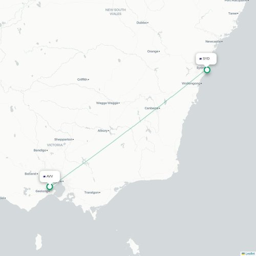 Melbourne - Sydney kort over direkte fly