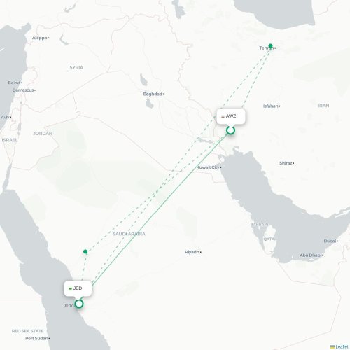 Mapa lotu bezpośredniego Ahwaz – Dżudda
