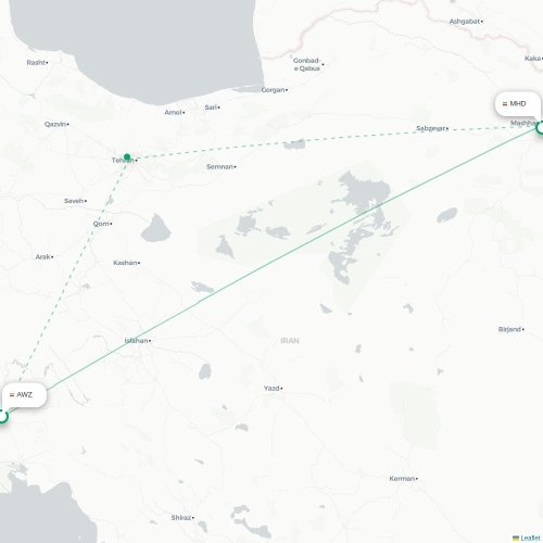 Mapa de vuelo directo Ahwaz - Mashhad