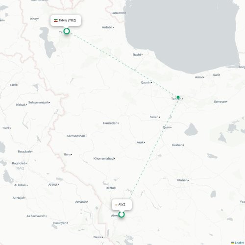 Mapa de vuelo directo Ahwaz - Tabriz