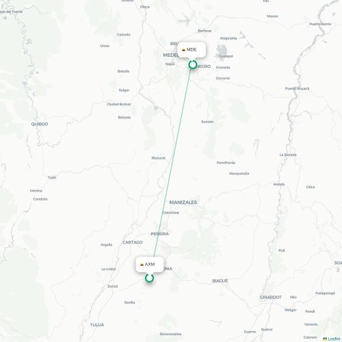 Mapa de vuelo directo Armenia - Medellín
