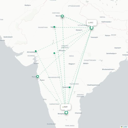Mapa de vuelo directo Faizābād - Bangalore
