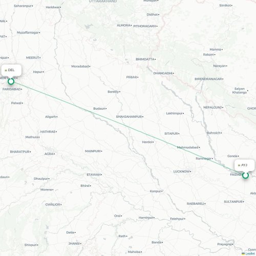Mapa de vuelo directo Faizābād - Nueva Delhi