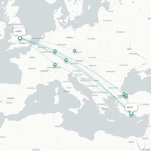 Mapa de vuelo directo Antalya - Birmingham