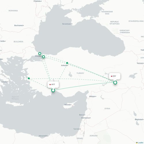 Mapa de vuelo directo Antalya - Diyarbakır