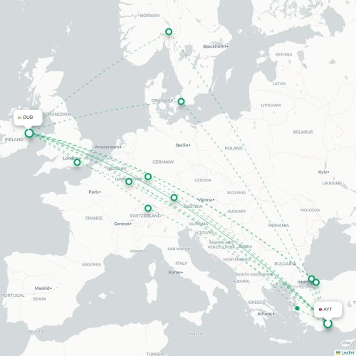 Mapa lotu bezpośredniego Antalya – Dublin