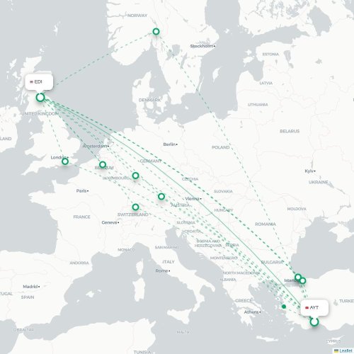 Mapa de vuelo directo Antalya - Edimburgo