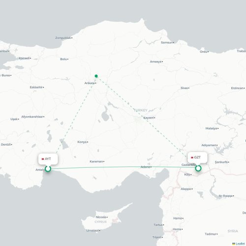 Mapa de vuelo directo Antalya - Gaziantep