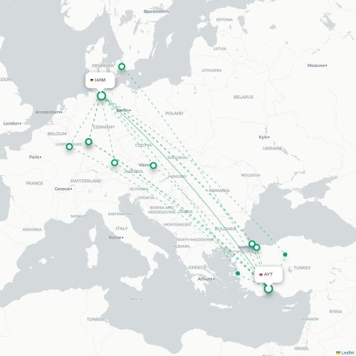 Mapa de vuelo directo Antalya - Hamburgo