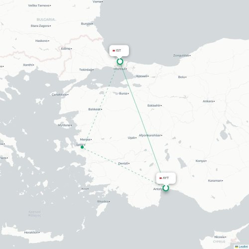 Mapa de vuelo directo Antalya - Estambul
