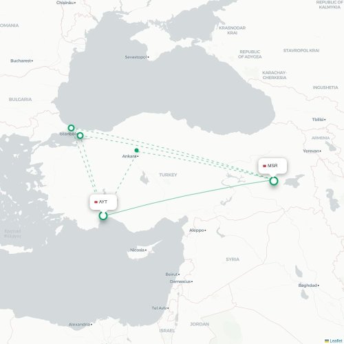 Mapa lotu bezpośredniego Antalya – Muş