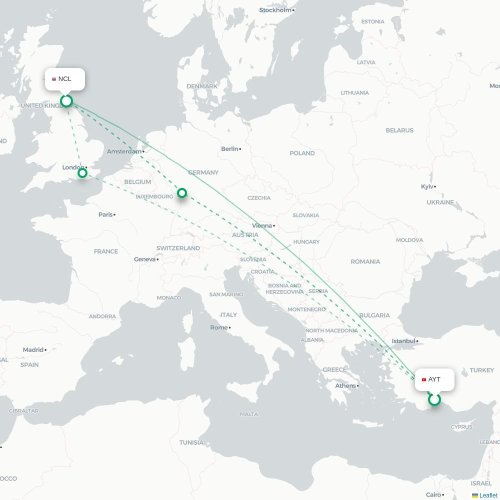 Mapa de vuelo directo Antalya - Newcastle-upon-Tyne