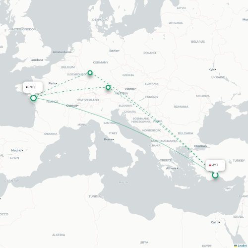Mapa de vuelo directo Antalya - Nantes