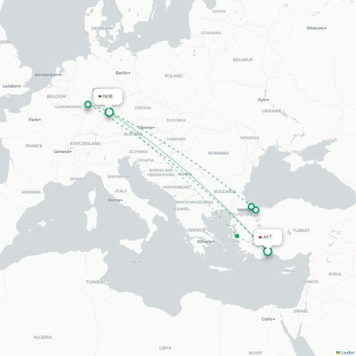 Antalya - Nuremberg direct flight map